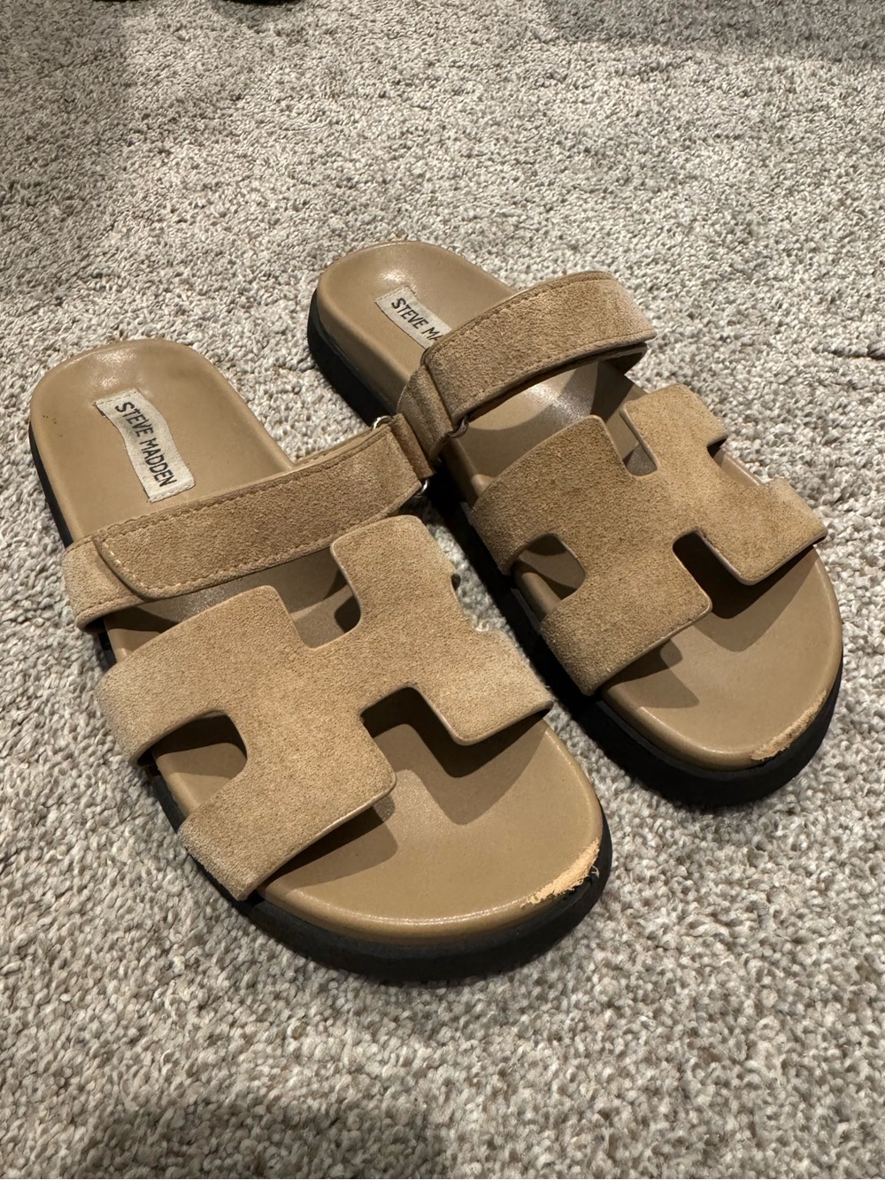 Steve Madden Tan Suede Double Strap Slide Sandals